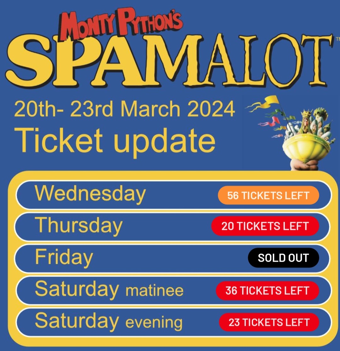 🎟️🚀 Tickets for Spamalot are flying off the shelves! Don't miss out on the adventure – book now to secure your seats and avoid disappointment! 🏰✨ #Spamalot #Theatre #BookNow #MontyPython #Ickenham #CompassTheatre #RaisingforThamesHospice 
hillingdontheatres.uk/index.php/even…