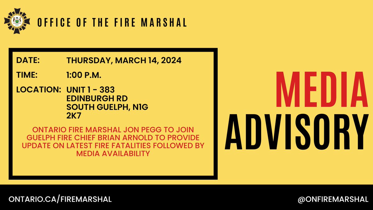 Media Advisory: Ontario Fire Marshal <a href="/jonpeggOFM/">Jon Pegg</a> to join <a href="/GuelphFire/">Guelph Fire Department</a>
Guelph Fire Chief <a href="/barnoldfire/">Brian Arnold</a> to provide update on the latest fire fatalities followed by media availability.
#MediaAdvisory