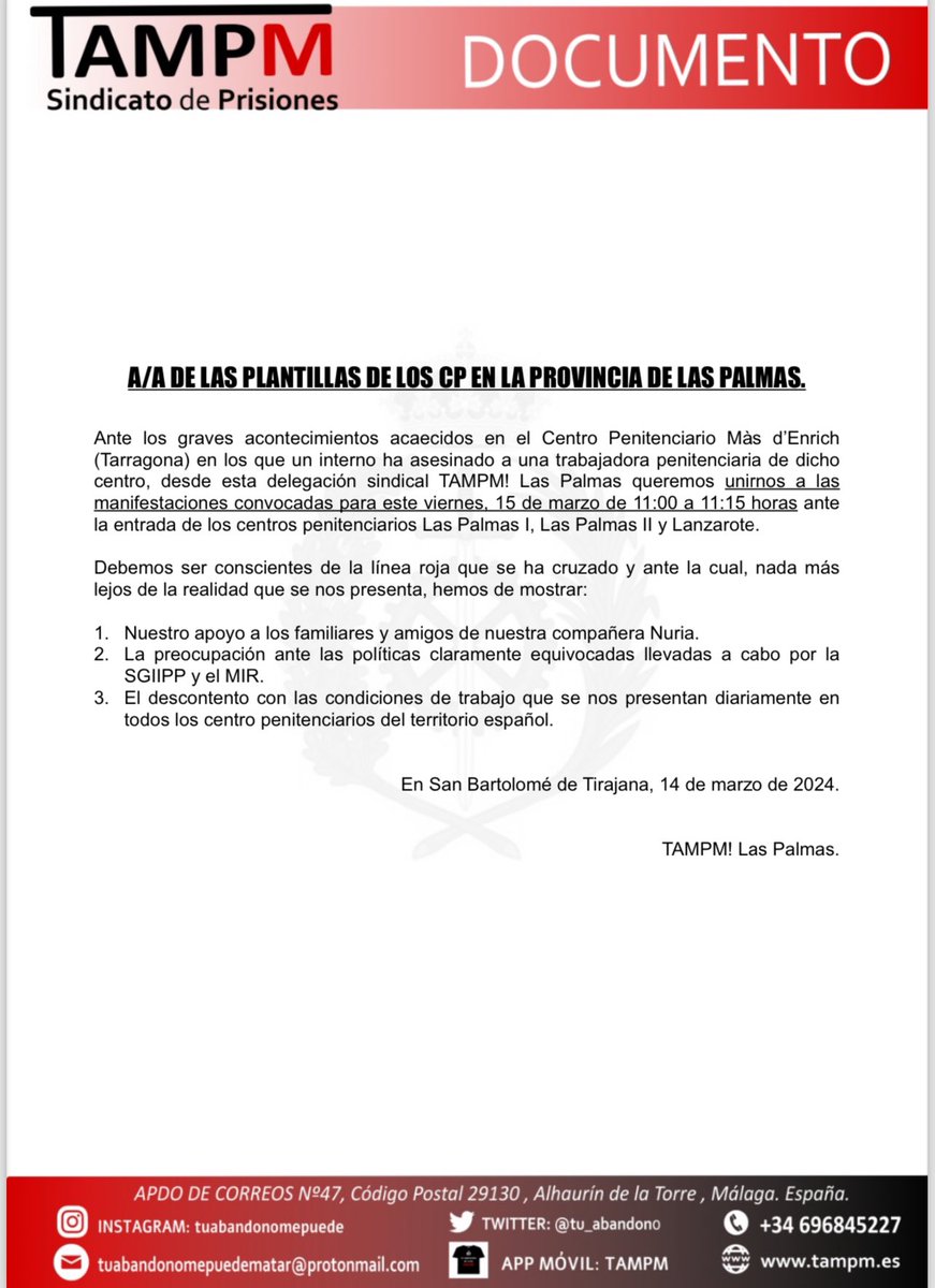 El sindicato <a href="/gcTAMPM/">TAMPM Gran Canaria OFICIAL</a> lamenta el terrible hecho ocurrido ayer en el CP  Màs d’Enrich(Tarragona). ASESINADA una compañera. Nuestro más sentido pésame a familiares y amigos de nuestra compañera Nuria. Esperando que se depuren responsabilidades. <a href="/IIPPGob/">Instituciones Penitenciarias</a> <a href="/interiorgob/">Ministerio del Interior</a> <a href="/SOS_Prisiones_/">SOS Prisiones</a>