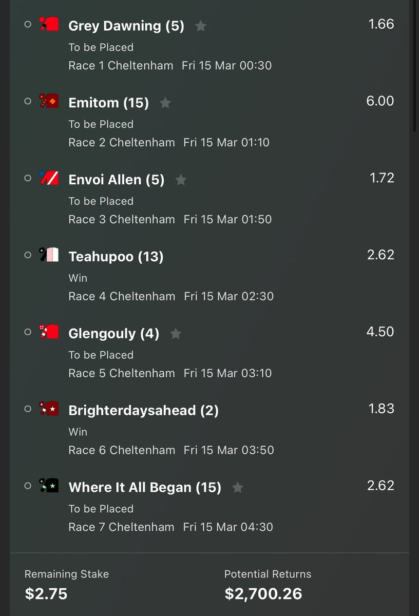 Cheltenham Festival Giveaway 🚨 🐎 

Playing this for a bit of fun…however if this bet wins I’ll giveaway $200.26 to someone that likes and reposts this 🔥

#Cheltenham2024 #HorseRacing #betting