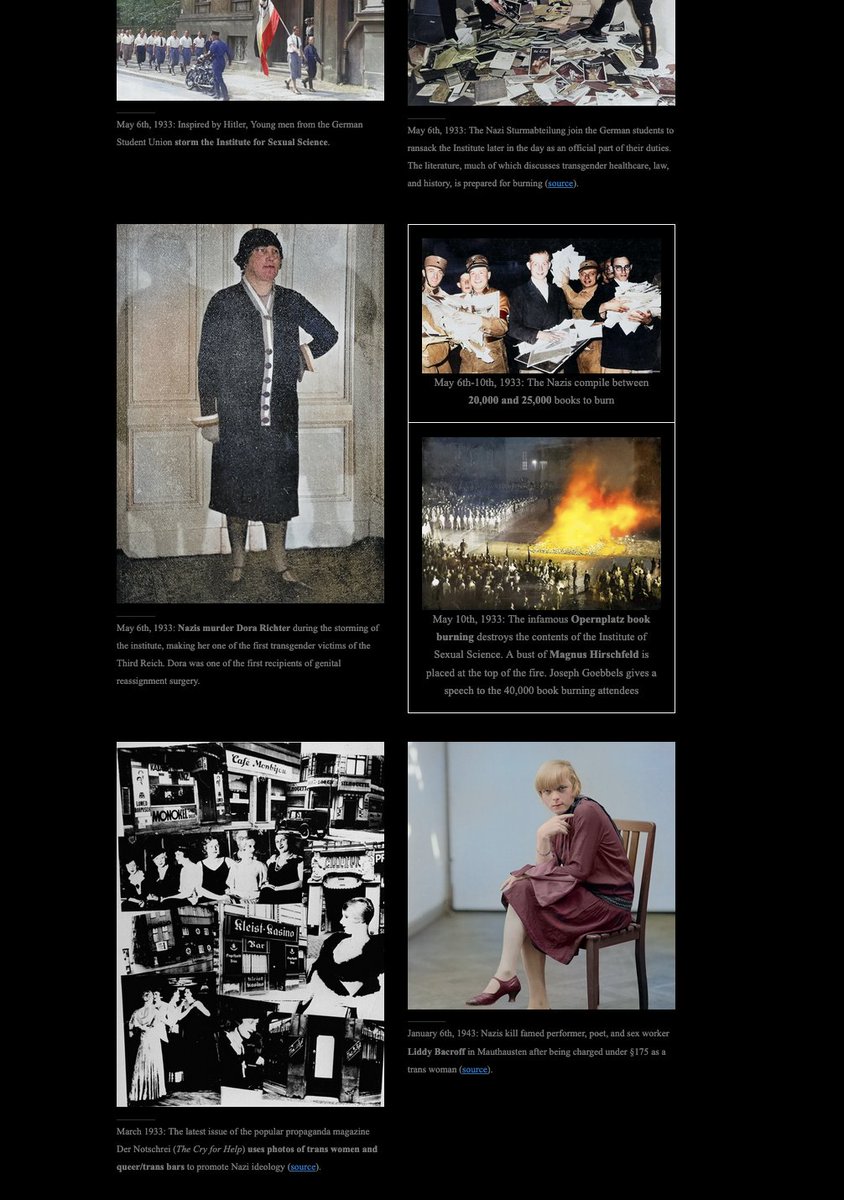 There's now an easy-to-read list of trans people persecuted by Nazis. This new page includes a timeline of colorized photos, an incomplete list of trans victims, and the laws cited. There are 50+ references at the end showing indisputable trans targeting elierlick.com/transholocaust/