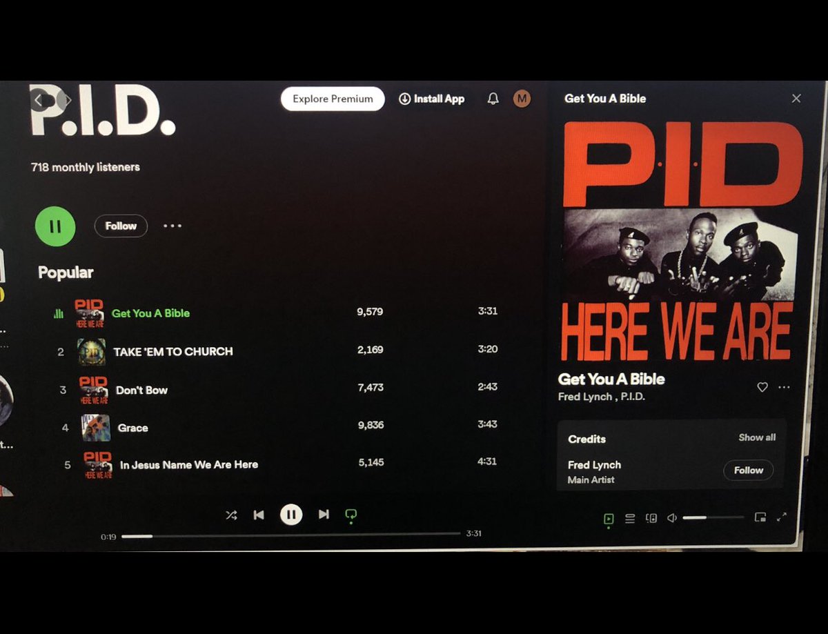 Just discovered a travesty. PID is on Spotify & no one has listened to them. Look at these #s! they are true #christianrap #christianhiphop legends & pioneers. Cmon #ccmtwitter follow them & show them some love & learn the history @heyfredlynch