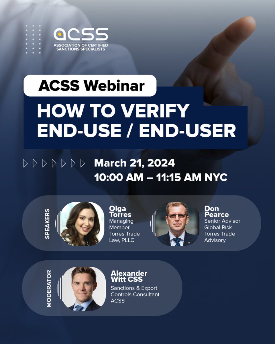 🔐 Unlock the secrets of export compliance in our upcoming ACSS Webinar: 'How to Verify End-Use / End-User'

🔗Register today to secure your spot: sanctionsassociation.org/20240321upcomi…

#ACSS #ACSSWebinar #ExportCompliance #TradeLaw #SanctionsExperts