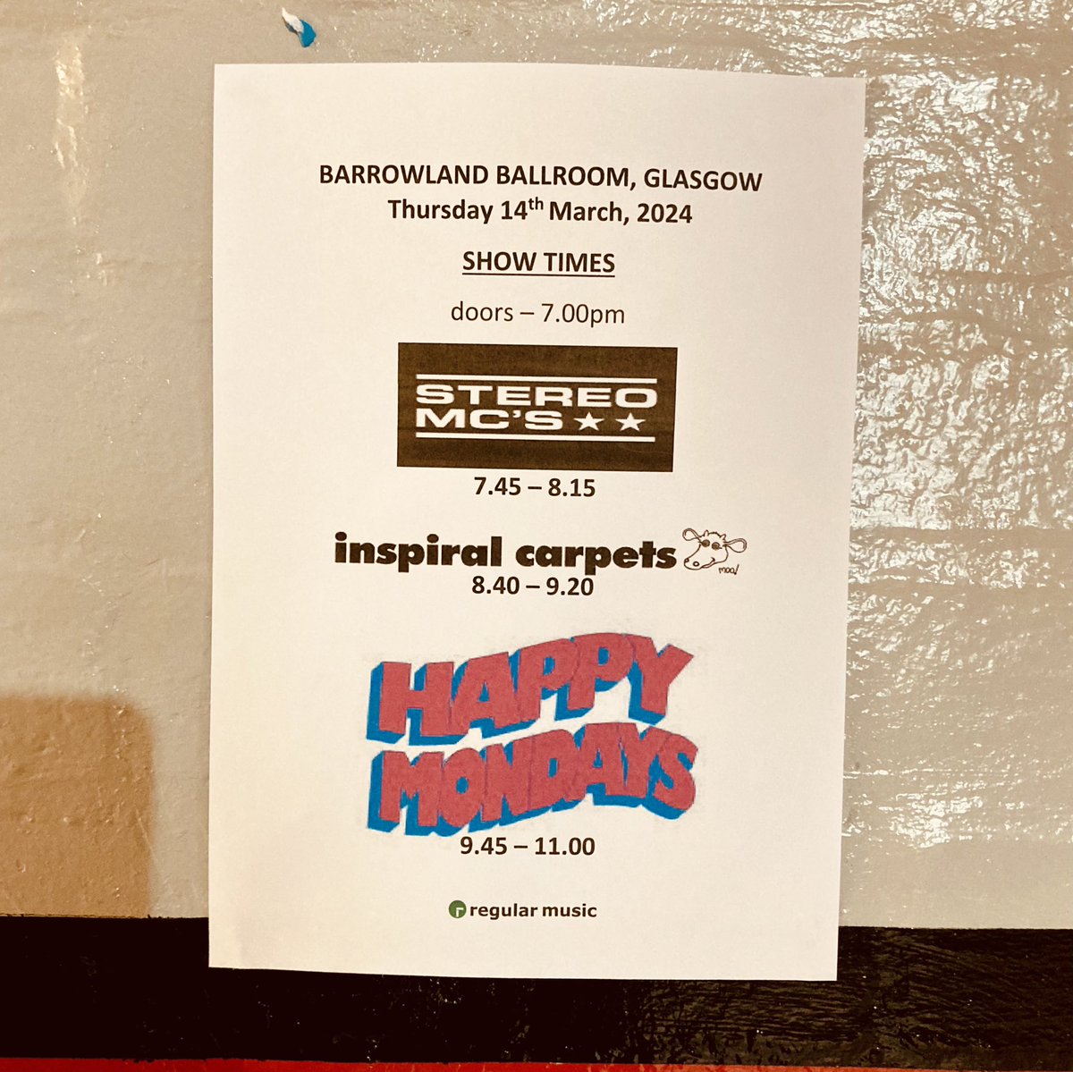 Proper excited to be back at @TheBarrowlands for the first night of our tour with @Happy_Mondays & @StereoMcs_Rob_b!! Here’s the stage times xxx #Inspirals2024 #Moo #CoolAsFuck