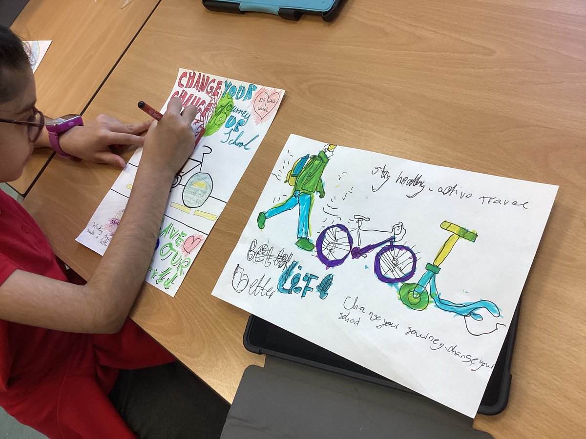 MayflowerSch's tweet photo. #BigWalkandWheelWeek #Sustrans #HockneyClass #Year5 #UKS2: In Hockney Class we created our poster to promote Big Walk and Wheel Week. https://t.co/SCDhyrjdJb
