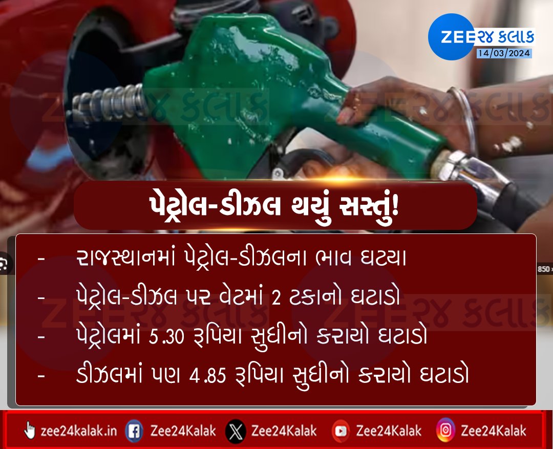 પેટ્રોલ-ડીઝલના ભાવમાં થયો મોટો ઘટાડો

#petroldiesel #PetrolDieselRate #PetrolDieselPrice #rajasthan #zeecard #zee24kalak