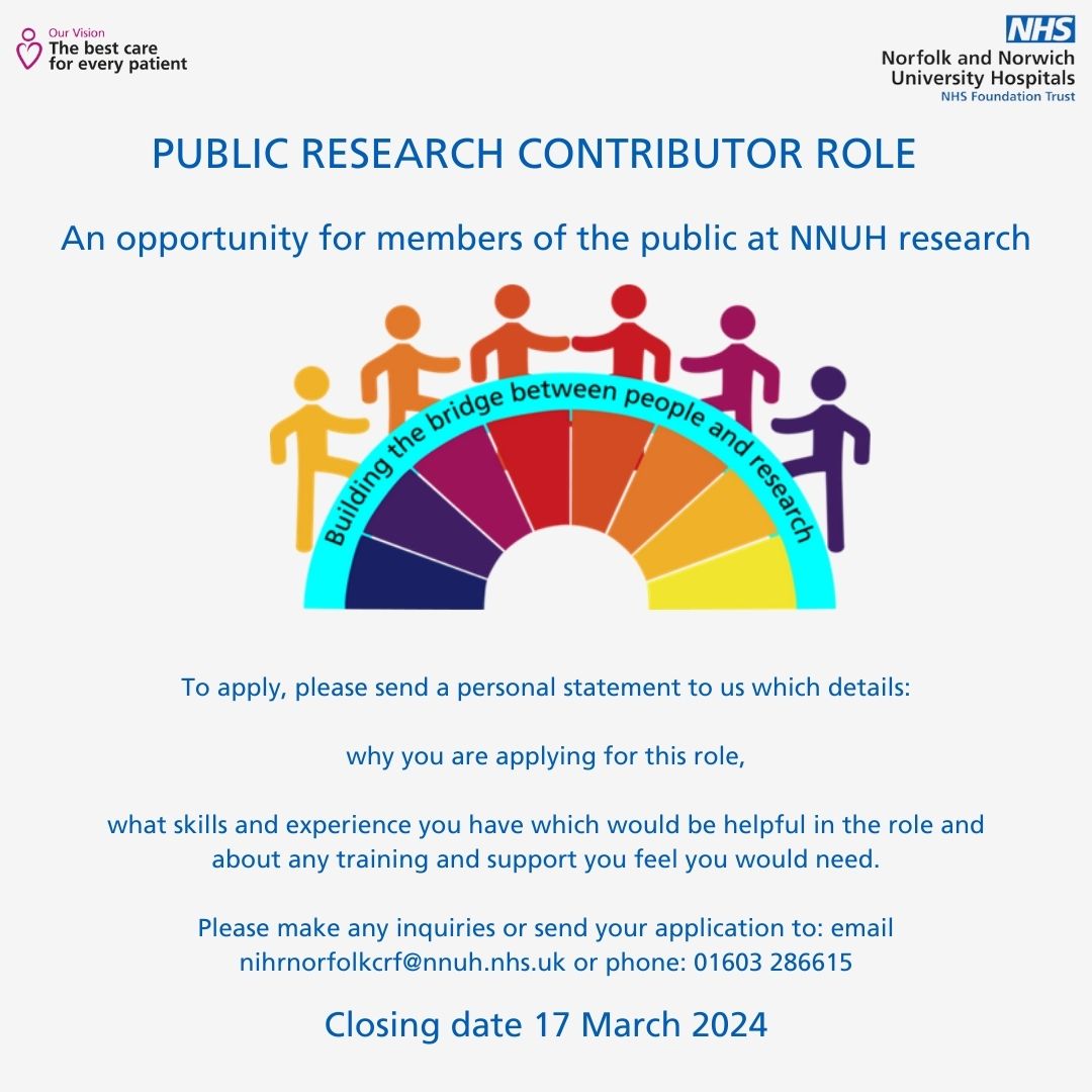 Interested in becoming a Public Contributor to represent public interest in healthcare #research. No prior experience required, just a genuine passion for advancing medical knowledge. Read more in @NNUH's Facebook post - facebook.com/NNUH.nhs/posts…