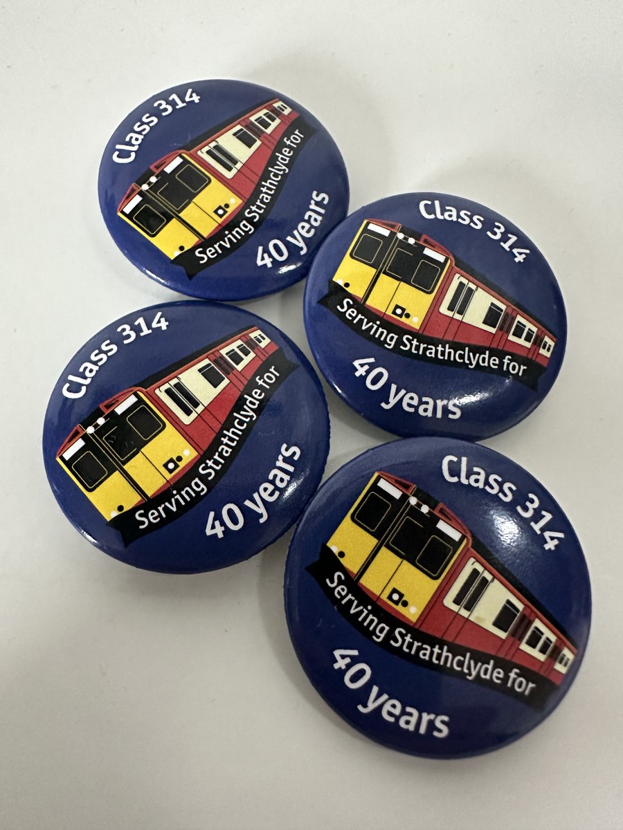 ScotRail's tweet image. Well, that’s easy! It’s #Class314 day, a date to mark our well-remembered 314 rail units. These were first introduced back in 1979 and last ran in 2019, look here, we even got these cute little commemorative badges to remember them. /2
