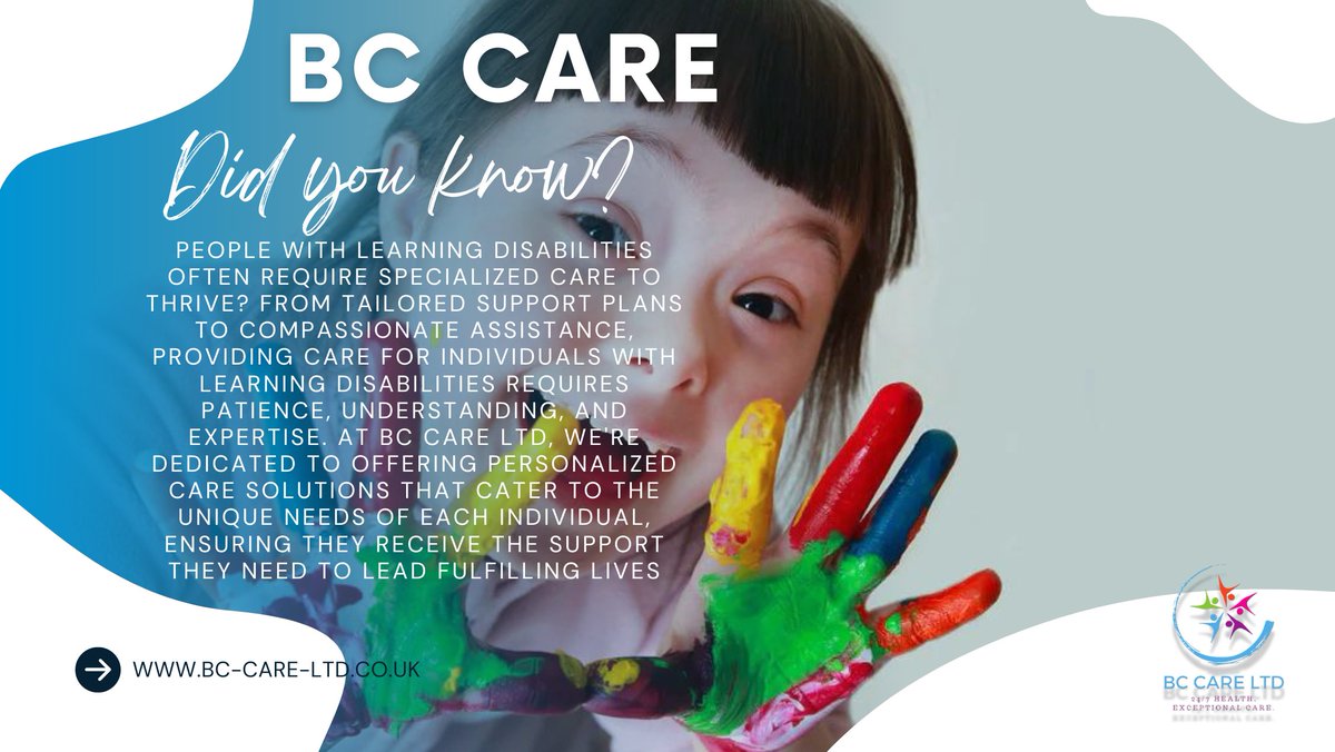 🌟 DID YOU KNOW? 🌟 People with learning disabilities require specialized care to thrive. At BC CARE LTD, we're committed to providing personalized support tailored to their unique needs. #LearningDisabilities #SpecializedCare #BCcareLTD 💙