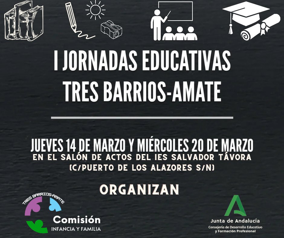La <a href="/AESCANDELARIA/">A.E.S CANDELARIA</a> junto con las demás entidades de la Comisión de Infancia y Familia de la  Plataforma <a href="/3barriosamate/">Plataforma Civica 3Barrios-Amate</a> , junto al CEP Sevilla de <a href="/EducaAnd/">Consejería Desarrollo Educativo y FP</a> realizará las Primeras Jornadas Educativas TresBarrios-Amate. Jueves 14 y miércoles 20 de marzo en el 
I.E.S. Salvador Távora.