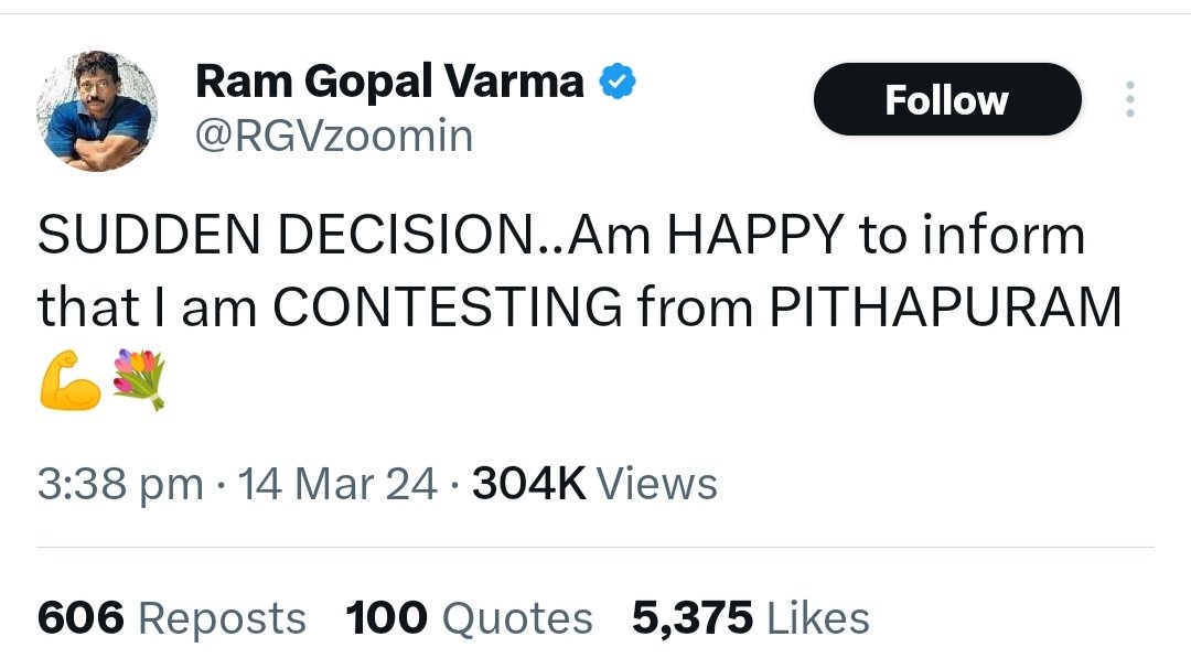 Immediately after #Janasena Chief #PawanKalyan announces his decision to contest from Pithapuram constituency, #YSJagan 's supporter and Film maker #RamGopalVarma, announces he will be contesting from #Pithapuram.

#JanaSenaParty #Pitapuram #AndhraPradeshElections2024
