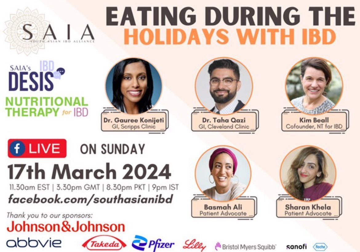 Closing off this important #MondayNightIBD session, join us this Sunday to discuss “Eating During Cultural Holidays with #IBD” featuring panelists @tqaziMD @thisimmunelife @GGKonijeti @crohnsbabble & moderator from @NTforIBD Kim Beall: facebook.com/southasianibd