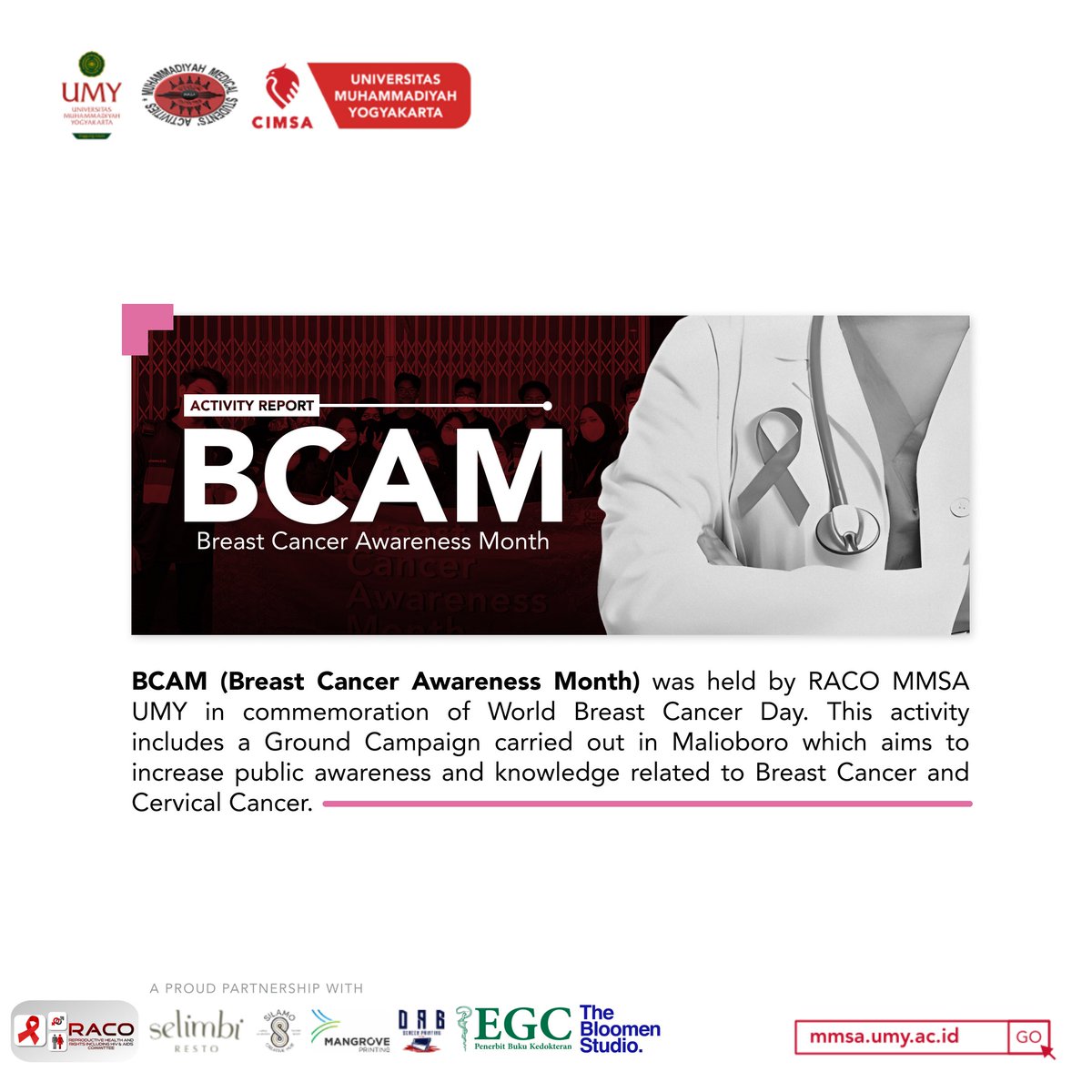 MMSAUMY's tweet photo. [ACTIVITY REPORT - BCAM]

Assalamu'alaikum wr. wb
Hello MMSA!

As a form of celebration for Breast and Cervical Cancer Awareness Month, RACO MMSA UMY held BCAM (Breast Cancer Awareness Month) activities on October 8th, 2023. https://t.co/Ooa0snIEeD