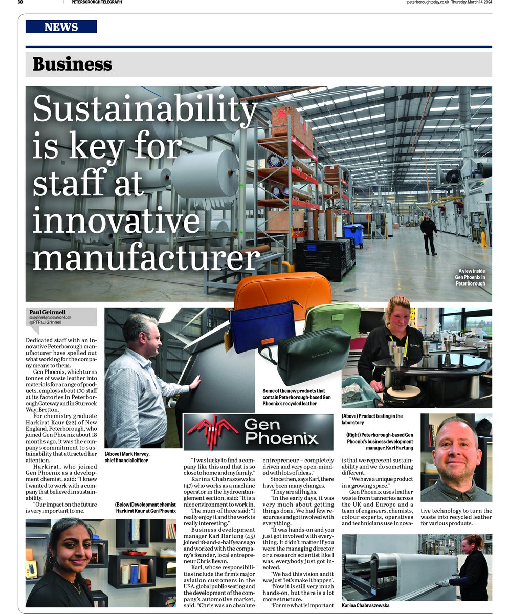 Business pages don't often get the design plaudits, but here's a nice effort by @CJLightowler for today's @peterboroughtel who spoke to staff from innovative firm @ELeatherGroup, who turn tonnes of waste leather into materials for a range of products. Report by ​@PTPaulGrinnell.