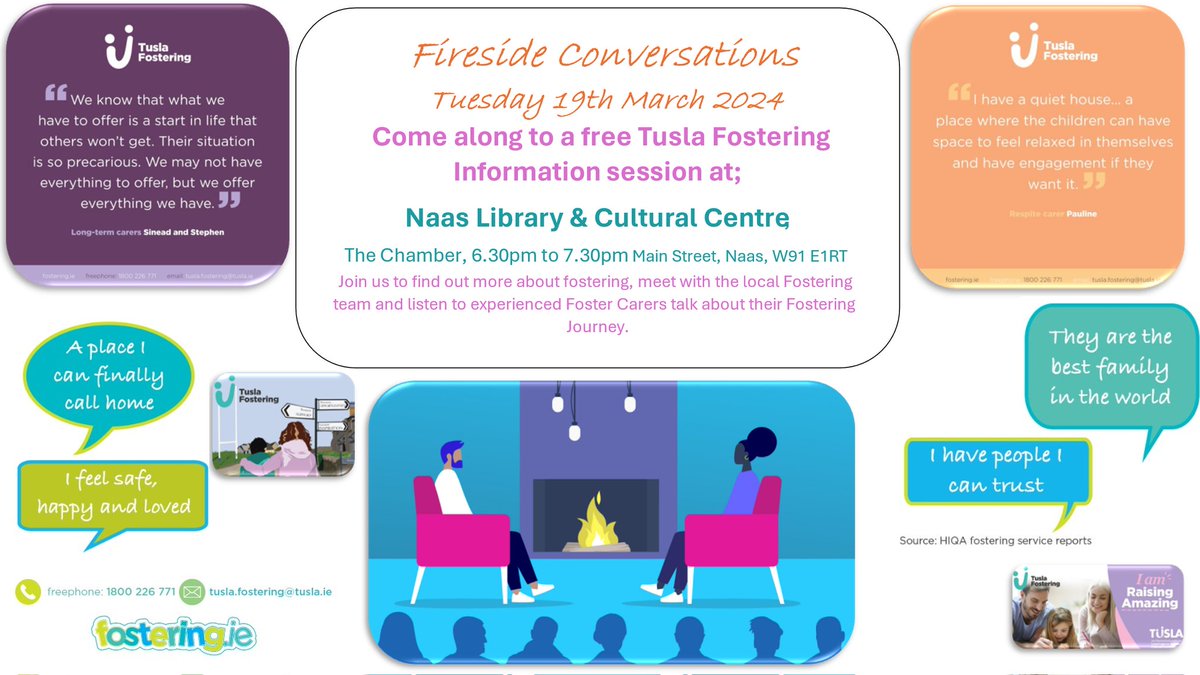 💬 Come along to Tusla Fostering Information session #NaasLibrary 
🗓️ Tuesday 19th March
🕖 6:30- 7:30 pm
#IAmRaisingAmazing
#LocalCommunity
#ItTakesAVillage
#NotAllHeroesWearCapes 🦸🏼