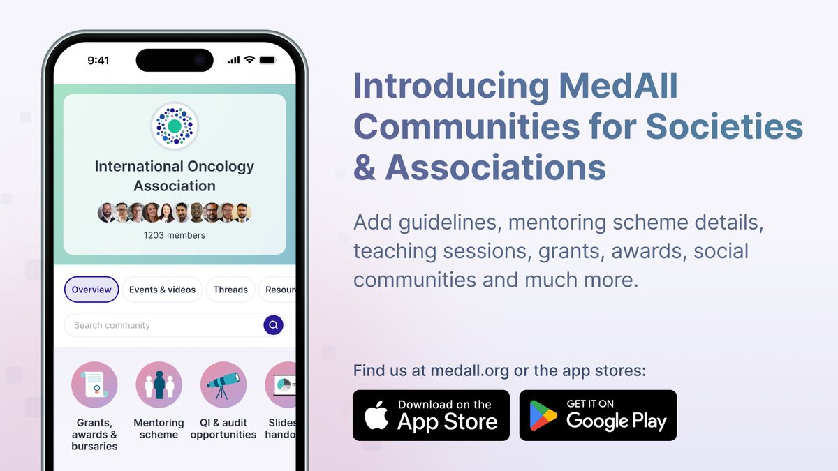 You can now get a dedicated Community for your society on MedAll 🎉 It's like your very own members app, with everything from guidelines to awards to posters to teaching to online discussion. All on our App, with notifications straight to your phone. 👉 medall.org/medall-for-soc…