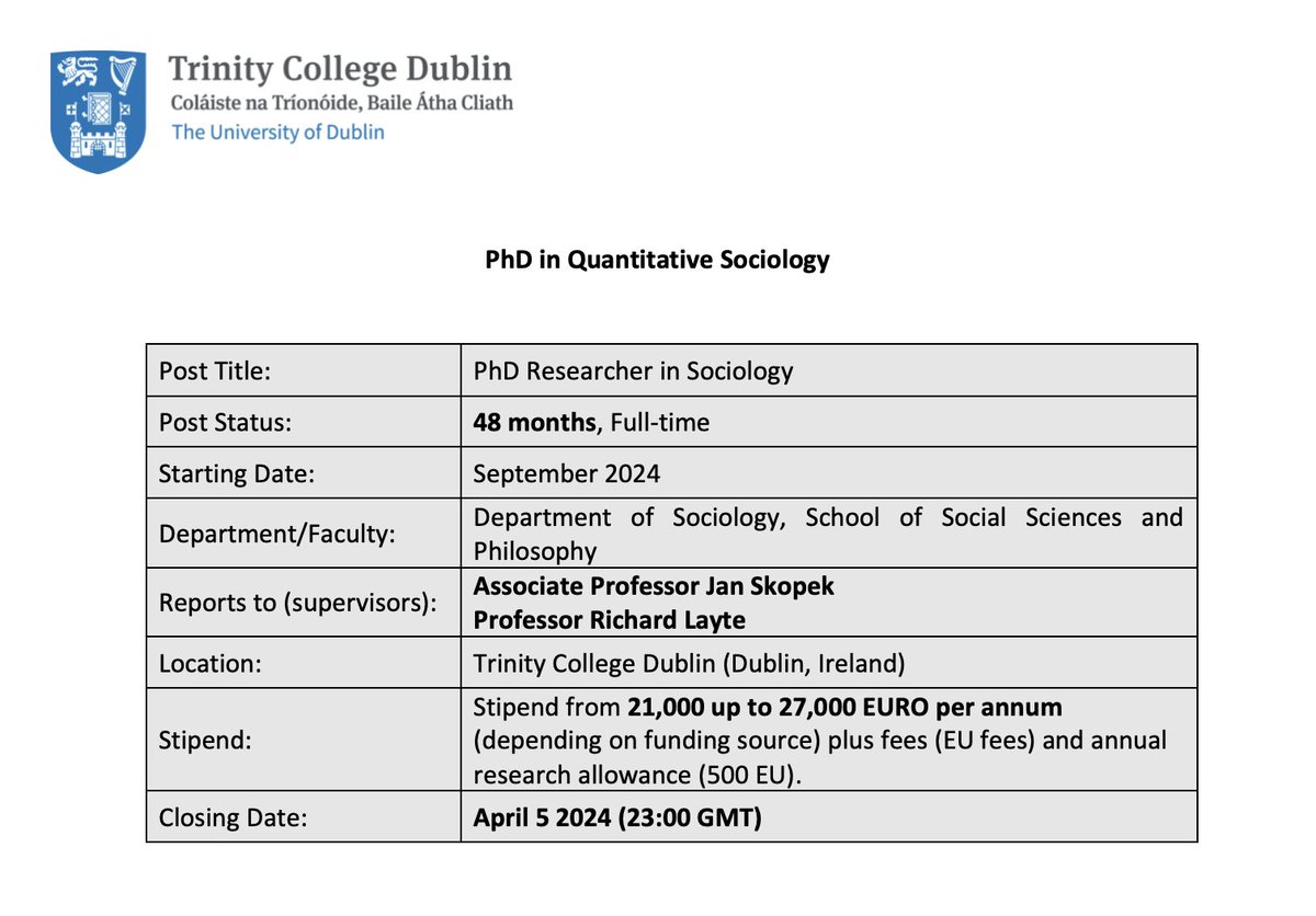 📢 2 fully-funded #PhDposition(s) in quantitative #sociology at <a href="/TCDsociology/">TCD Sociology</a>! 

Stream 1: #education 
Stream 2: #health
Stream 3: open 

Deadline: April 5

Supervisors: Jan Skopek or Richard Layte (<a href="/LayteRichard/">Richard Layte</a>)

Please apply or circulate! 

#soctwitter #poptwitter