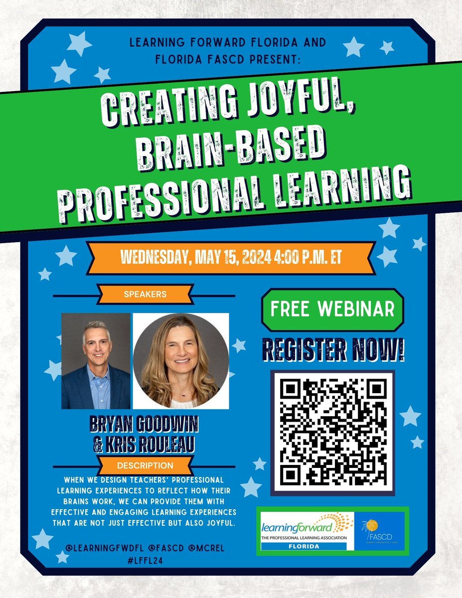 👩🏻‍🏫 You won't want to miss this FREE WEBINAR all about creating joyful, brain-based professional learning with Bryan Goodwin and Kris Rouleau! Register now, space is limited: buff.ly/48vsiZm @mcrel @learningfwdfl @fascd #LFFL24