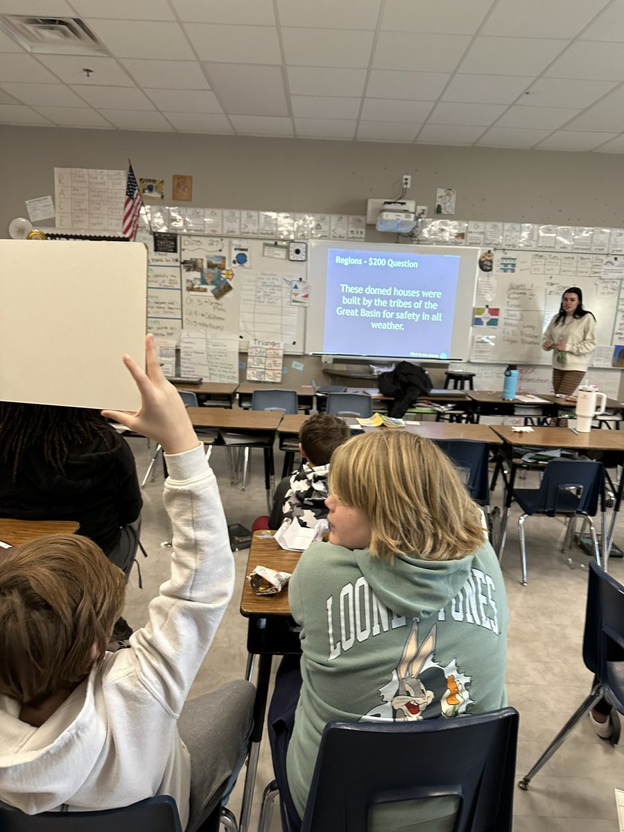 ChyniaParsons's tweet photo. Our @BallState teacher made a Jeopardy game to review our Native American unit before we took our assessment! It was a HIT with the class! https://t.co/TYcO4mSAaG