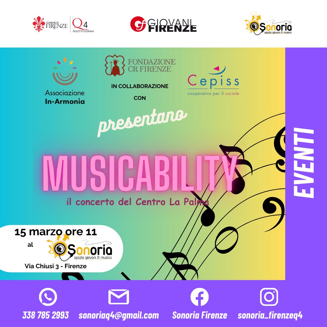 portalegio's tweet photo. #GiovaniFirenze! il Sonoria Spazio Giovani e Musica del @comunefi ospita #Musicability, l'appuntamento con i racconti musicali del Centro La Palma promosso dall'associazione In–Armonia e Cepiss Cooperativa Sociale con il contributo di @FondazioneCRF.
Info: https://t.co/XNX93JHA4R https://t.co/UaqRh3XNvE