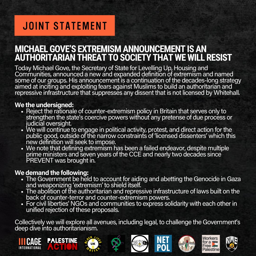 The Secretary of State for Levelling Up, Housing and Communities, <a href="/michaelgove/">Michael Gove</a> just delivered his speech in Parliament naming <a href="/CAGEintl/">CAGE International</a> and others. 

We reject the counter-extremism and counter-terrorism powers that allow for arbitrary and authoritarian interventions against