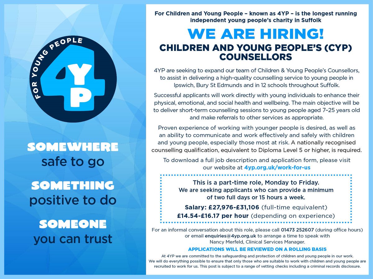 4YP is proud to offer more than 6,500 sessions of counselling per year to children and young people. Sadly, we know that this is nowhere near enough to meet the needs of all those requiring support, which is why we are committed to building the capacity of our counselling team.
