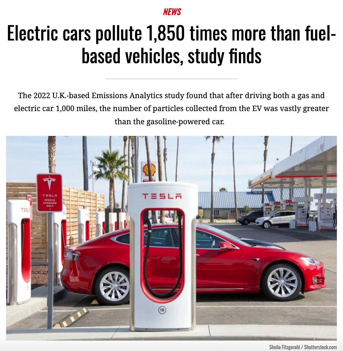 Electric cars pollute 1,850 times more than fuel-based vehicles, study finds The 2022 U.K.-based Emissions Analytics study found that after driving both a gas and electric car 1,000 miles, the number of particles collected from the EV was vastly greater than the gasoline-powered