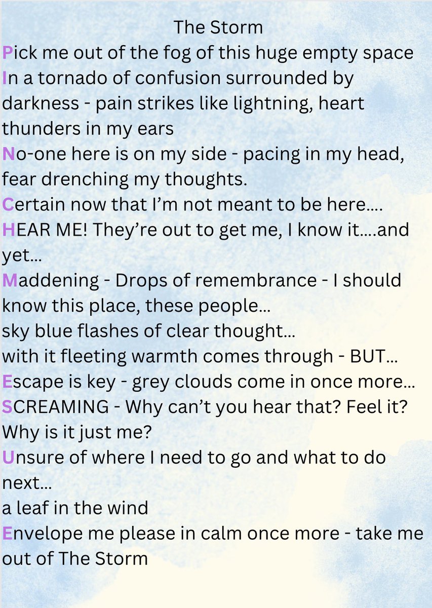 Final Highly Commended Runner Up in light of our #WDAD2024 poem competition @RCHTWeCare - A very creative delirium poem utilising the PINCH ME SUE mnemonic to lead ‘The Storm’. @Redsnapperswail @iDelirium_Aware @AmerGeriatrics @RCHTFallsand3Ds