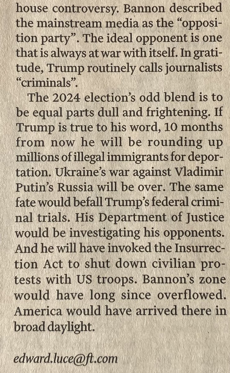 The frightening & very real prospect of The Death of Democracy in the US, as outlined by the always excellent ⁦@EdwardGLuce⁩ ⁦@FT⁩. With a special warning to journalists; democracy dies in darkness & in boredom with Trump’s dangerous deeds & words.