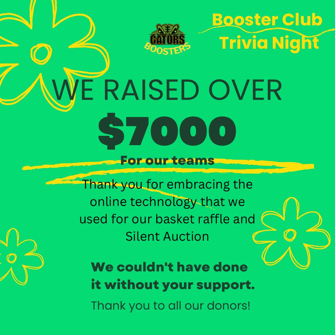 Thank you for embracing the online technology that we used for our basket raffle and  Silent Auction at Trivia Night. Thanks to you we were able to raise over $7,000 for our teams! 🐊💚 #togetherstronger #crystallakesouthboosters #boosterclub #trivianights