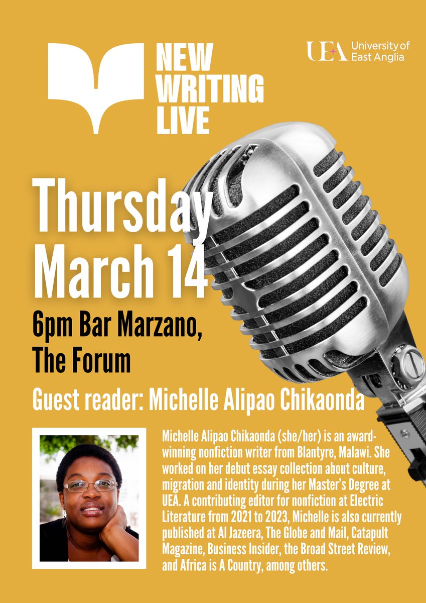 Tonight is #NewWritingLive with @machikaonda and a talented crew of @uealdc student readers! 6-8pm at @CafeBarMarzano - DON'T MISS IT! 🎉🥳
