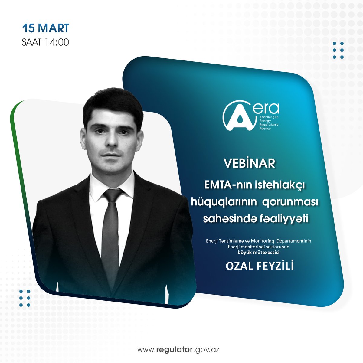 Martın 15-də, saat 14:00-da Enerji Məsələlərini Tənzimləmə Agentliyi (EMTA) “EMTA-nın istehlakçı hüquqlarının qorunması sahəsində fəaliyyəti” mövzusunda vebinar keçirəcək. 

Vebinar EMTA-nın feysbuk səhifəsində yayımlanacaq.

#istehlakçıhüquqları
#EMTA
#vebinar