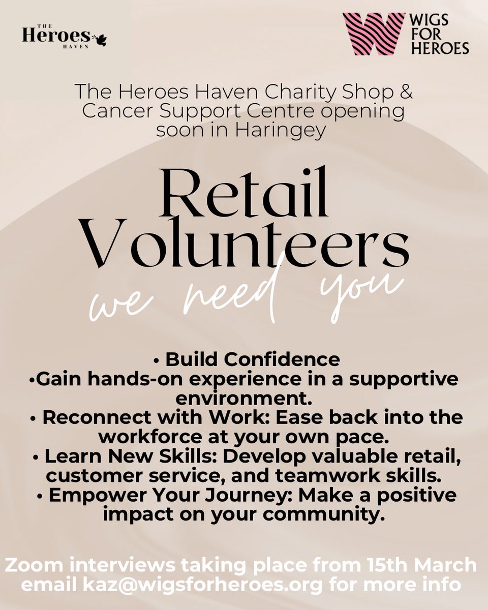 Have you heard that the Heroes Haven in Haringey will be opening soon? Yes that’s right and we’re currently looking for a team of retail volunteers who can donate some of their time to help support us with our day to day tasks. Pls tag a friend or RT :)