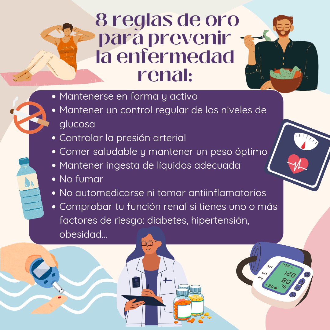 En este día, Dia Mundial del Riñón, te recordamos las 8 reglas de oro para la prevención de la enfermedad renal: