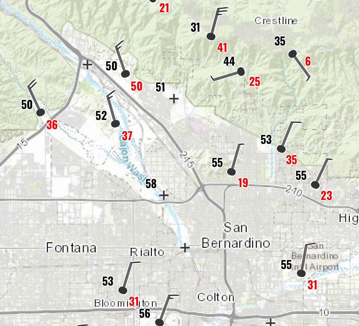 It’s 💨 windy out today. Red = Temperature / Blk = Wind Gust as of 5:45a. Remember to stay away from downed power lines and trees. 🌴 #ReadySBCUSD