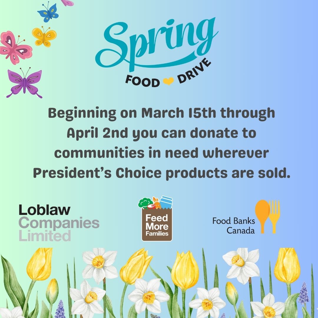 It starts tomorrow! 🥳The #LoblawSpringFoodDrive is returning to a store near you! From March 15– April 2, visit a participating <a href="/loblawco/">Loblaw Companies</a> location wherever President’s Choice Products are sold &amp; donate food or money to help our community in need.🙏🥫🌷<a href="/foodbankscanada/">Food Banks/Banques alimentaires Canada (inactive)</a> #gratitude