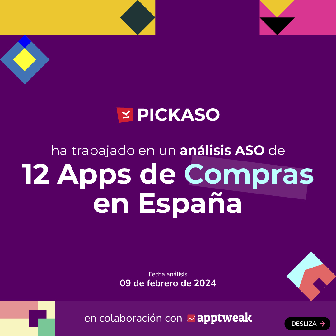 pick_aso's tweet photo. Desde #PICKASO, hemos trabajado en un análisis #ASO de 12 apps de compras en España y le hemos dado forma de infografía 👀 

Te compartimos aquí los principales insights y los datos destacables del análisis 👇 https://t.co/KG807arqvT