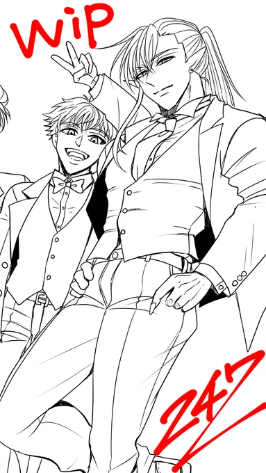 ホワイトデーだから白タキシード描こうとして人数多いしちょっと手間取っている進捗ですが、シャーリーがいい感じに描けて幸せです♥パツンパッツンなベストがいい感じ♥🤤💕 