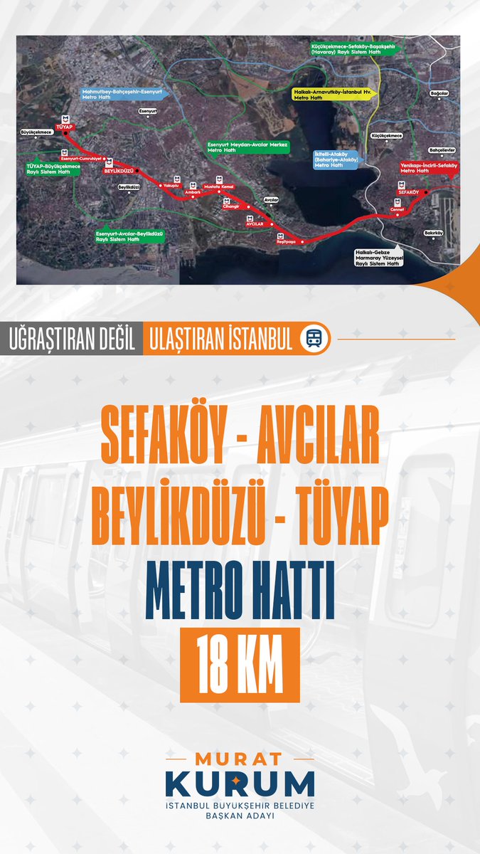 Metrobüs koridorunu raylı sistem hatlarımızla güçlendirecek ve rahatlatacak Sefaköy-Avcılar-Beylikdüzü metro hattını ilk 5 yılda tamamlayacağız. 

18 km'lik hattımızla hem E-5'i trafiğini azaltacak hem de toplu taşımayı daha hızlı, daha modern ve konforlu hale getireceğiz.