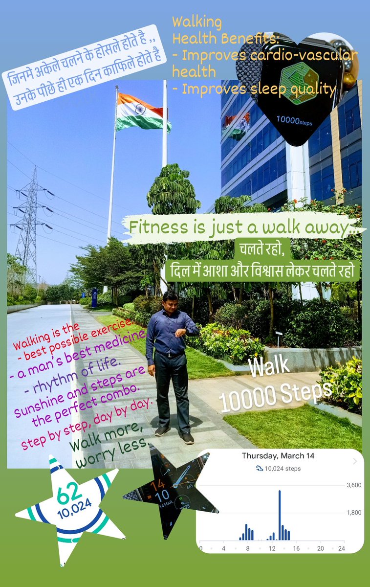 Walking 

Health Benefits: 
- Improves cardio-vascular health
- Improves sleep quality

52nd Challenge on - 14th Mar 2024
<a href="/larsentoubro/">Larsen & Toubro</a>
<a href="/GOQii/">GOQii</a>
<a href="/GOQiiLife/">GOQii</a>
#GOQiiCorporateChallenge 

#10000steps #10000stepsaday  #walking #PositiveStart  #fitnesstips