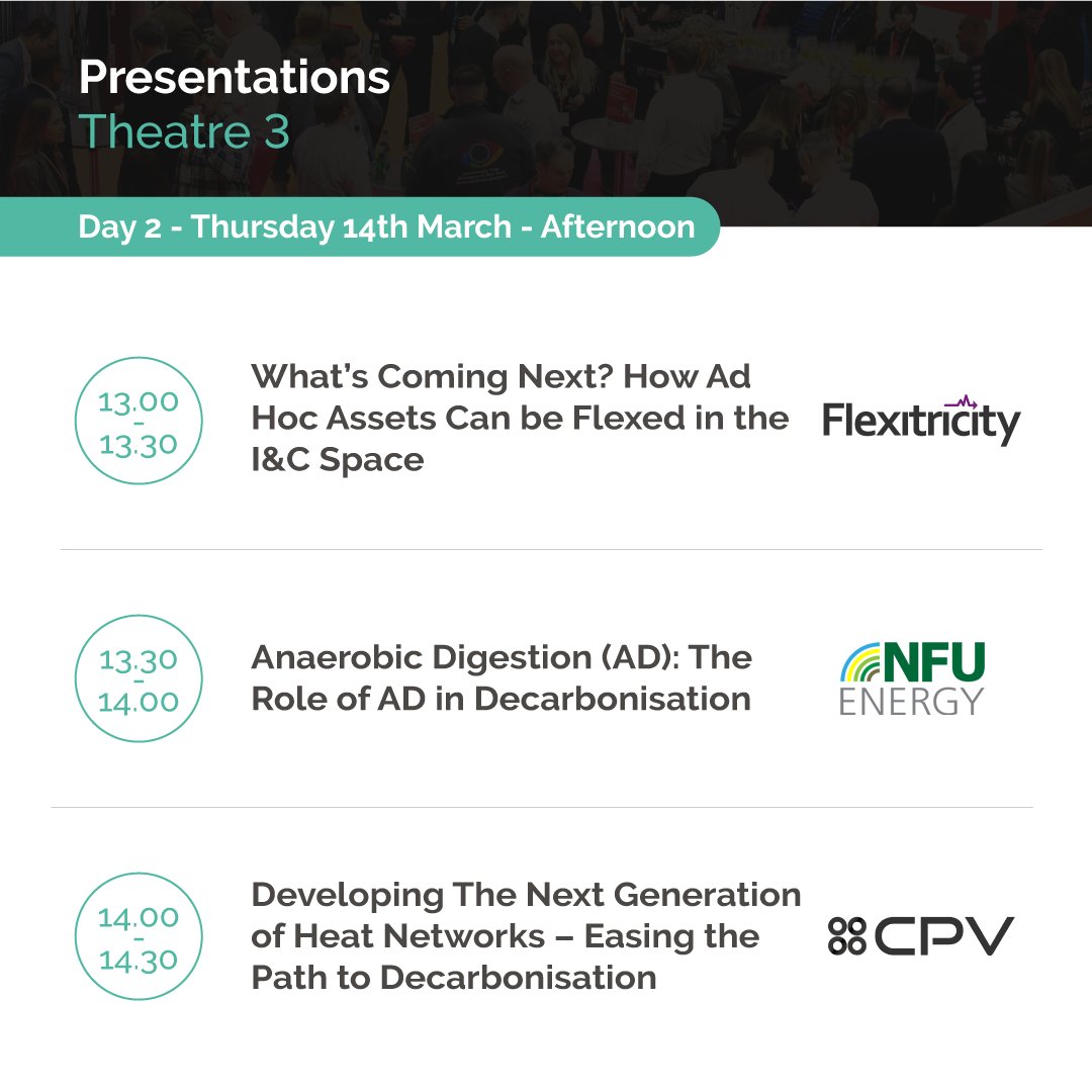 Time to take your seats for the afternoon presentations at Theatre 3. Hear from @Flexitricity, @NFU_Energy and @CPVltd. Sign up to our newsletters: vist.ly/3a37r #DES24