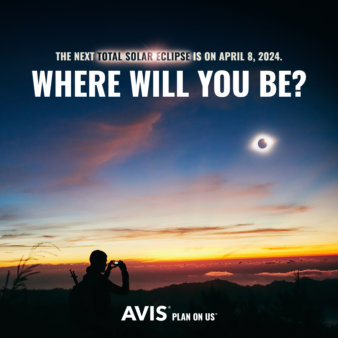 On April 8th a total solar eclipse will pass and we have cars in the eclipse zone 😎 It's the last total solar eclipse until 2044 😲 So grab your eclipse glasses and reserve for up to 25% off: avis.com/en/offers/us-o… #PlanOnUs #aviscarrental #solareclipse #totalsolareclipse