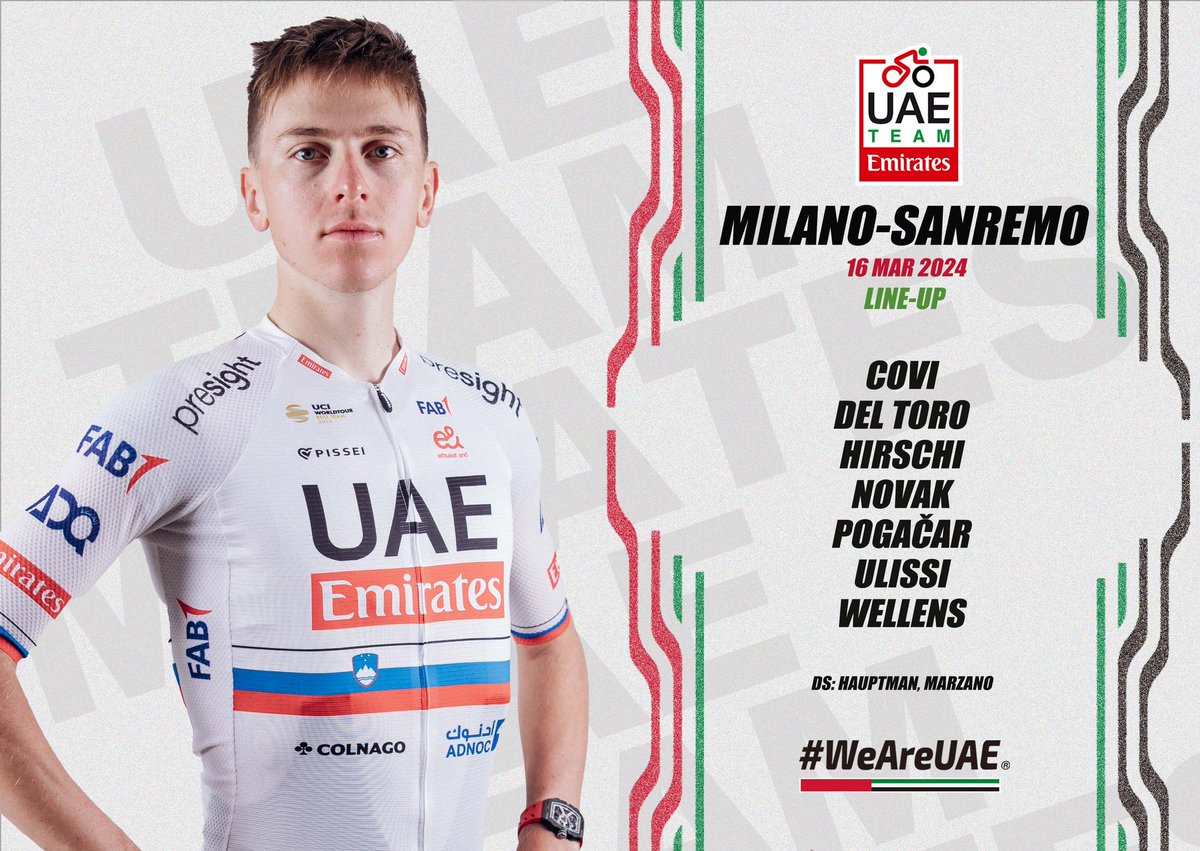 🍃La Primavera is coming! Here’s our lineup for Saturday's #MilanoSanremo 🇮🇹: 🇮🇹 @AlessandroCovi 🇲🇽 @ISAACDELTOROx1 🇨🇭 @MarcHirschi 🇸🇮 @DomenNovak 🇸🇮 @TamauPogi 🇮🇹 @DiegoUlissi 🇧🇪 @Tim_Wellens #UAETeamEmirates #WeAreUAE