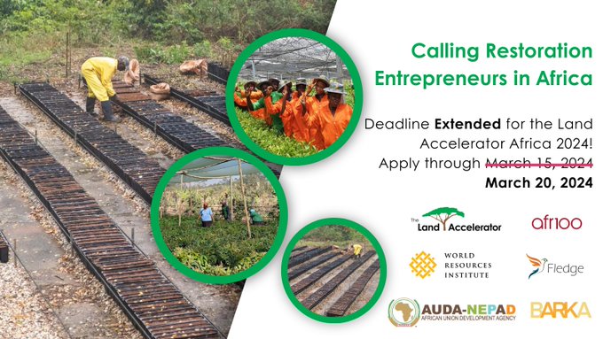 The applications to the #LandAccelerator Africa 2024 program have been extended from Friday, March 15, 2024,to March 20, 2024 allowing applicants who were previously constrained by the timelines to complete and submit their applications.  Apply Now  :bit.ly/3UEPCk2
