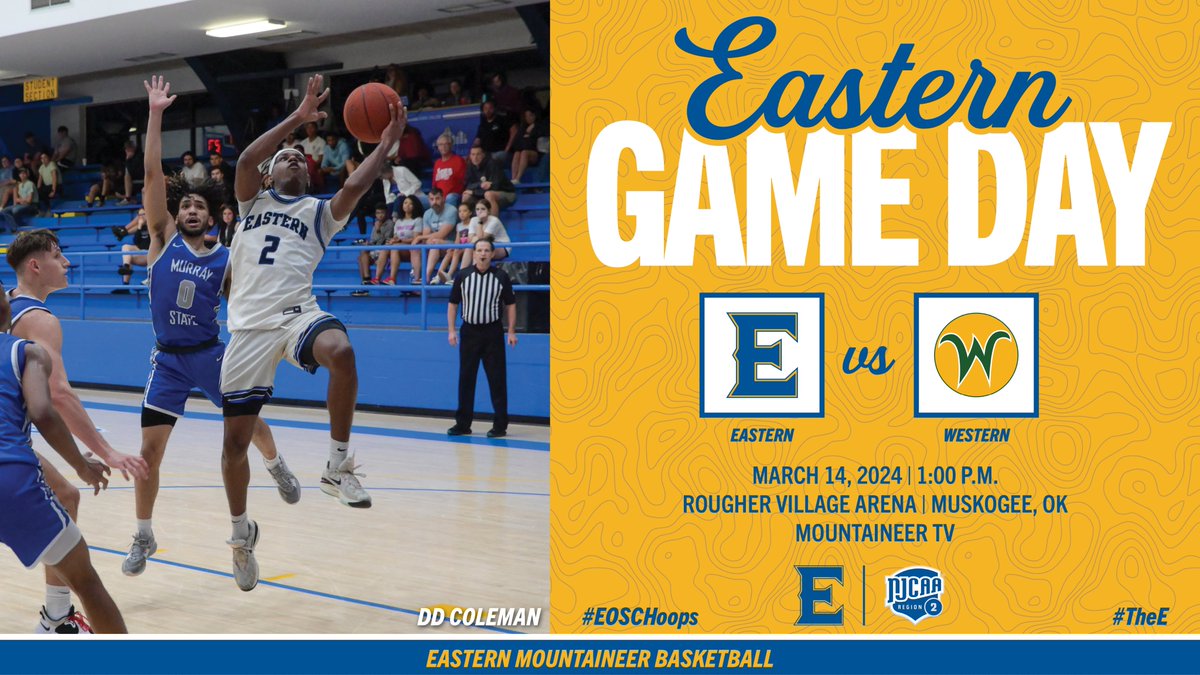 It's Game Day! The Mountaineers will kick off the Region 2 Tournament with a rematch against Western. #TheE #EOSCHoops #NJCAAMBB 🏀 vs. Western Oklahoma State College ⏰ 1:00 PM 🏟 Rougher Village Arena 📍 Muskogee, OK 🖥 eoscathletics.com/mountaineertv