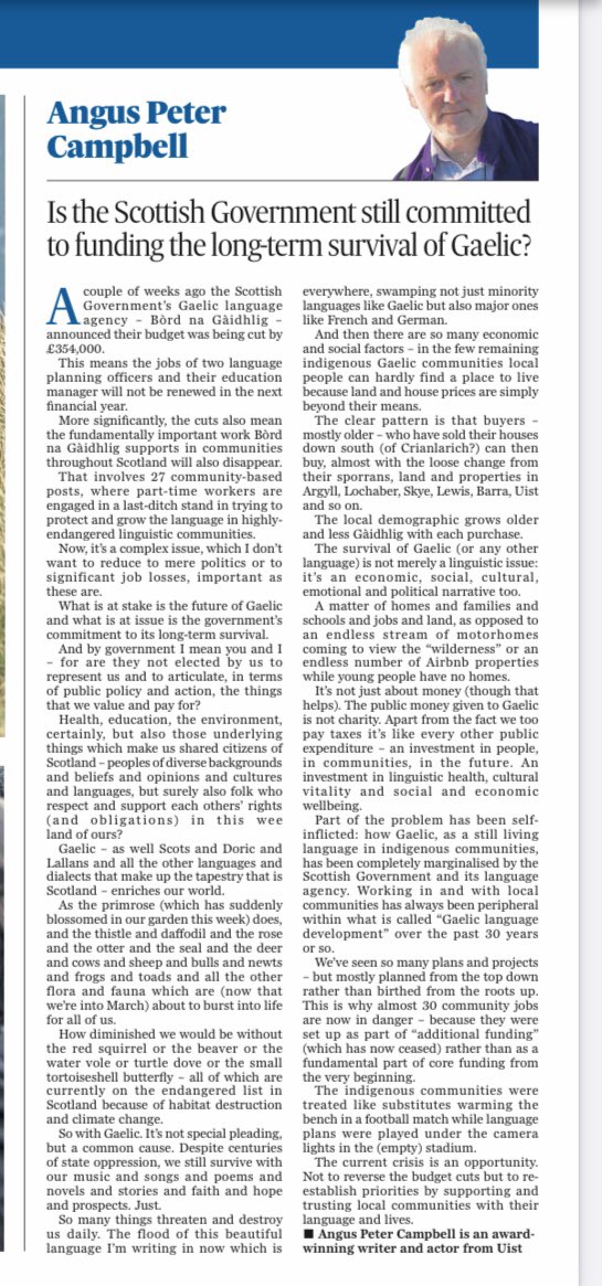 Na gearraidhean ann am buidseat na #Gàidhlig.
My column in <a href="/PJOpinion/">P&J Opinion</a> 
on the <a href="/scottishgov/">scottishgov</a> cuts to Gaelic:
Thanks to the Press and Journal for permission to share. 
Ceannaicheabh am pàipear - buy the paper in your local shop or online to support local journalism and jobs!
