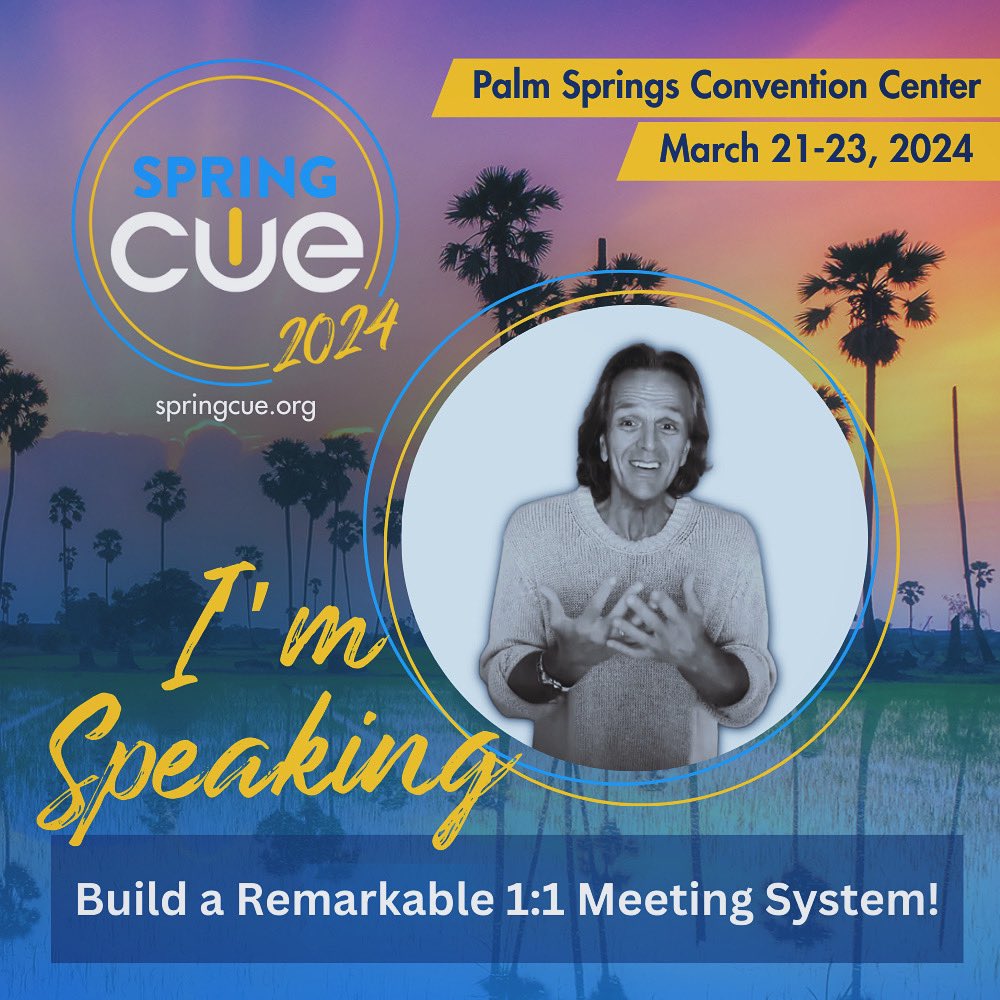 🌴☀️🌴☀️🌴☀️🌴☀️ #SpringCUE in Palm Springs is only 1 week away! Hope to see lots of #PLN peeps there! Session #2 of my 3 🌴🌴 Build a Remarkable 1:1 Meeting System Do you wish you could check-in more frequently with your team? Are you spending too much time putting out fires…