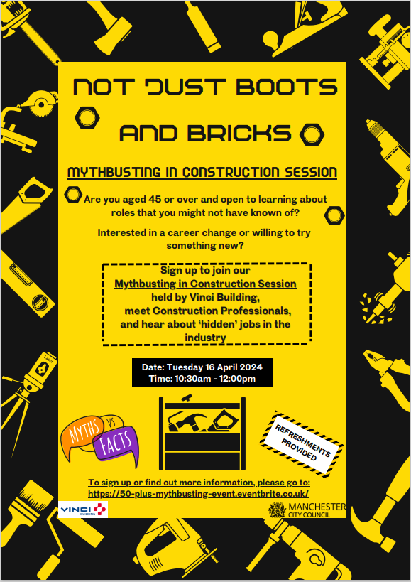 Secure your ticket to the Mythbusting in Construction Event for Manchester residents aged 45 and over. 📅Tuesday 16 April ⏰10.30am to 12.00pm 📍Manchester Royal Infirmary, M13 9WL eventbrite.co.uk/e/not-just-boo…