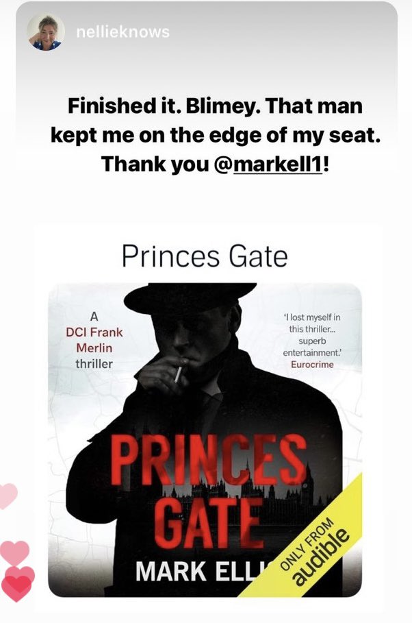 Glad you enjoyed it @NelliePomPoms! #FrankMerlin 1 goes under the title #PrincesGate on @audibleuk and as #TheEmbassyMurders in print. ‘Richly atmospheric, authentic’ Joe Finder bestselling novelist ‘Unputdownable’ Robert Lyman historian Now available on #KindleUnlimited