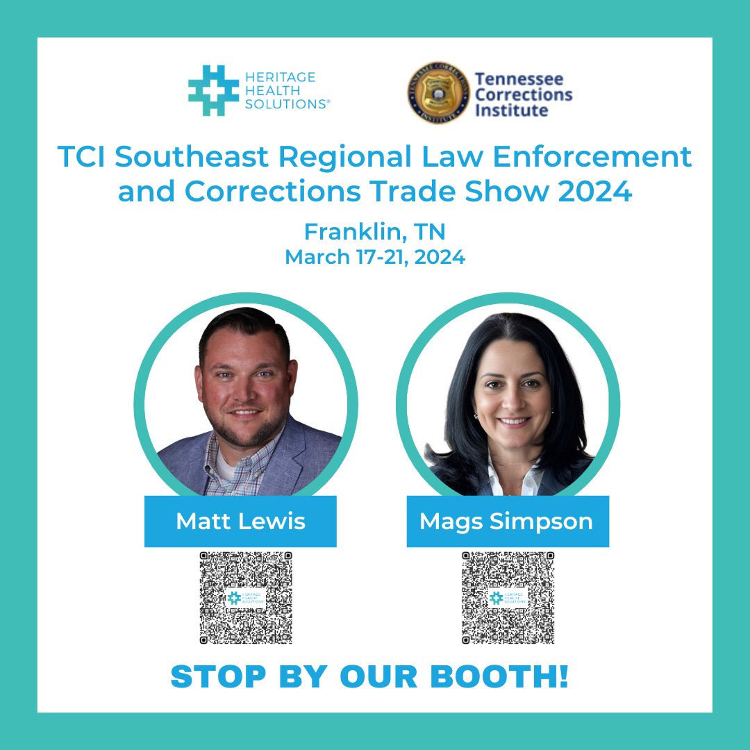 It's here! <a href="/Heritageorg/">Heritage Health Solutions</a> is thrilled to exhibit at TCI Southeast Regional Jail Conference March 17-21, 2024!
Matt and Mags will be at our Booth and want to discuss how we WILL help to put money back into your county's budget. Let's find a better way together!